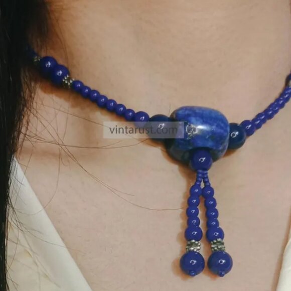 Handmade Lapis Lazuli Beaded Necklace: Boho Tassel Statement Jewelry - Picture 5 of 5